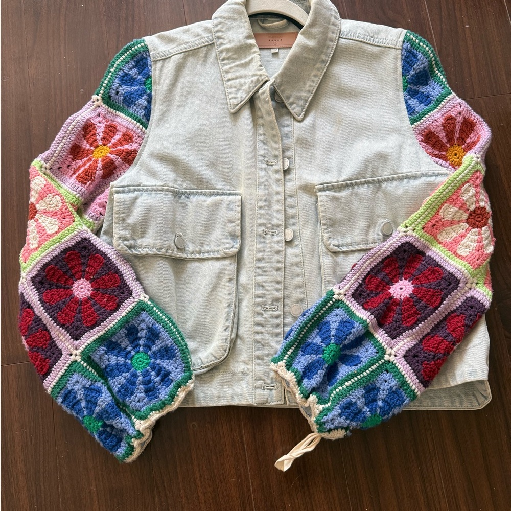 Blank NYC Denim Jacket with Colorful Crochet Sleeves